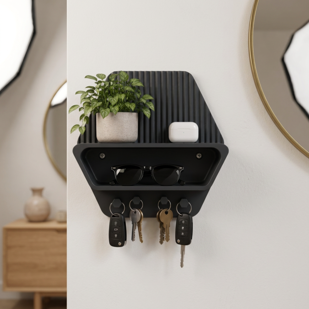 Portaoggetti da Parete Esagonale 3D - Mensola con Ganci per Chiavi e Accessori