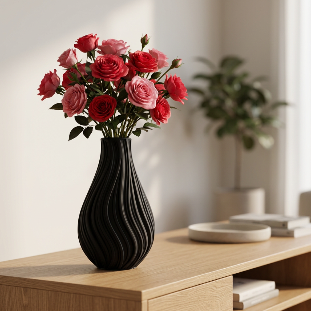 Vaso Decorativo Ondulato Nero - Design Moderno Effetto Scultura 3D