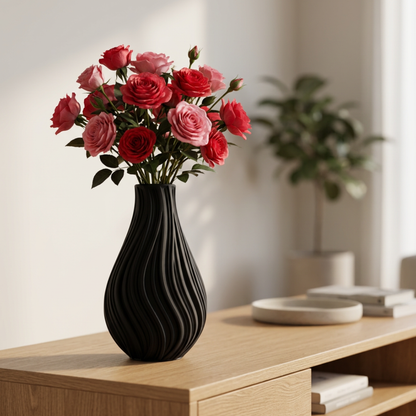 Vaso Decorativo Ondulato Nero - Design Moderno Effetto Scultura 3D