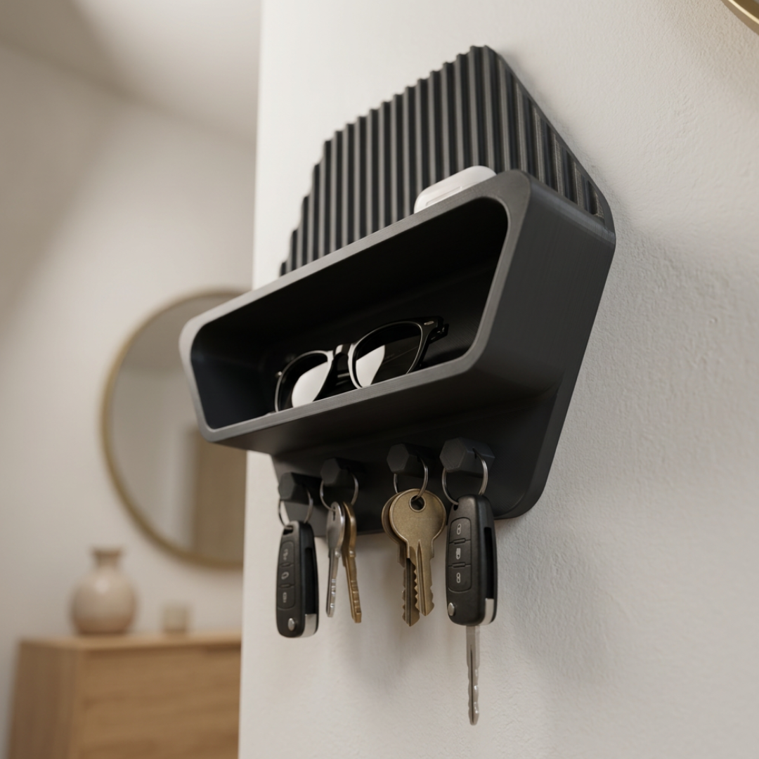 Portaoggetti da Parete Esagonale 3D - Mensola con Ganci per Chiavi e Accessori