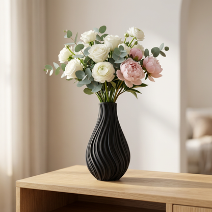 Vaso Decorativo Ondulato Nero - Design Moderno Effetto Scultura 3D