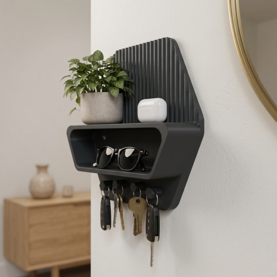 Portaoggetti da Parete Esagonale 3D - Mensola con Ganci per Chiavi e Accessori