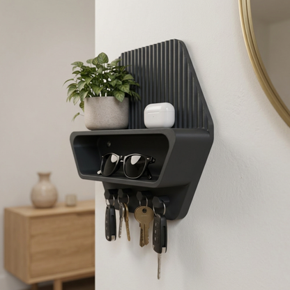 Portaoggetti da Parete Esagonale 3D - Mensola con Ganci per Chiavi e Accessori
