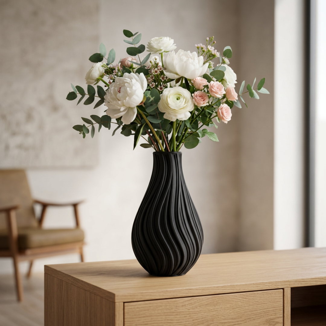 Vaso Decorativo Ondulato Nero - Design Moderno Effetto Scultura 3D