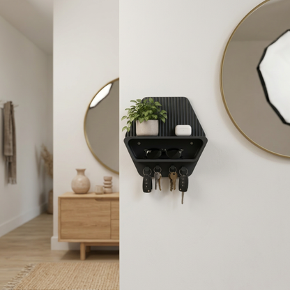 Portaoggetti da Parete Esagonale 3D - Mensola con Ganci per Chiavi e Accessori