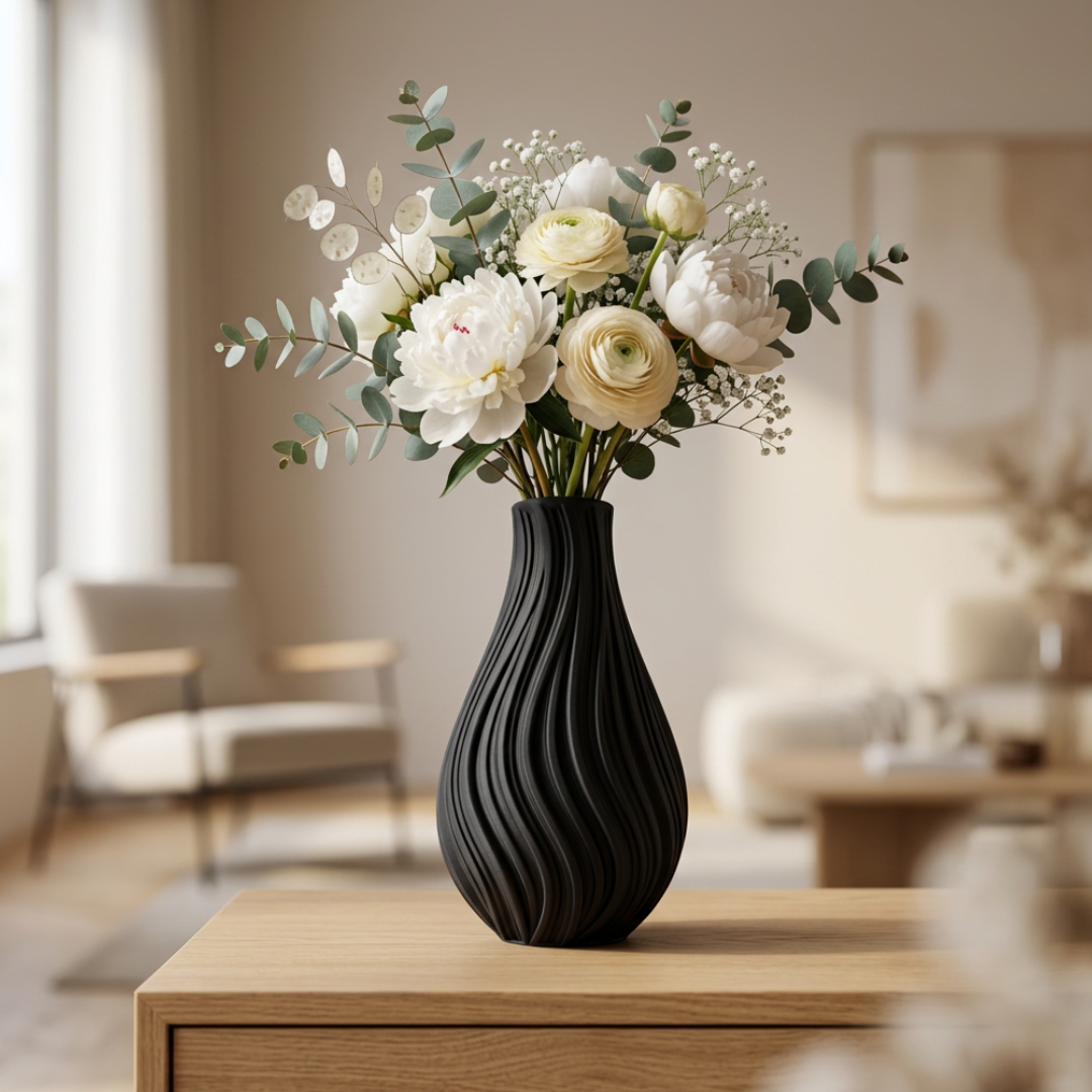 Vaso Decorativo Ondulato Nero - Design Moderno Effetto Scultura 3D