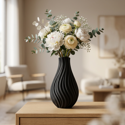 Vaso Decorativo Ondulato Nero - Design Moderno Effetto Scultura 3D
